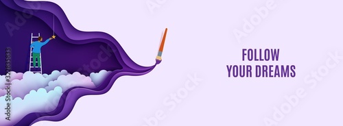Man on a ladder to pick the star above cloud in paper cut style. Papercut paintbrush draw cutout businessman climbing on ladder to sky and trying to catch dream star. Vector motivational flyer