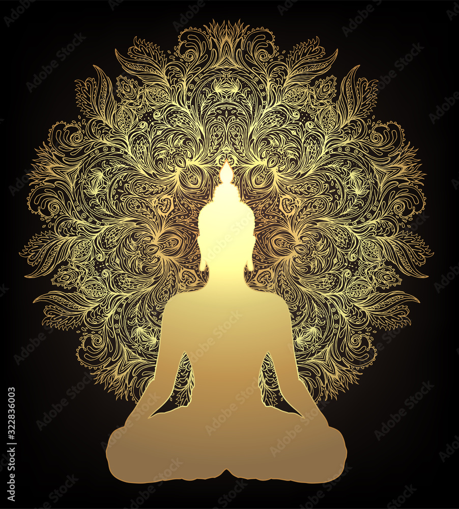 Chakra concept. Inner love, light and peace. Buddha silhouette in lotus  position over ornate mandala. Vector illustration in gold isolated. Buddhism  esoteric motifs. Tattoo, spiritual yoga. Stock Vector | Adobe Stock