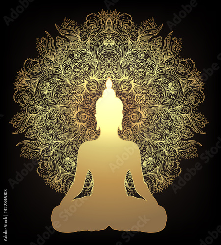 Chakra concept. Inner love, light and peace. Buddha silhouette in lotus position over ornate mandala. Vector illustration in gold isolated. Buddhism esoteric motifs. Tattoo, spiritual yoga.