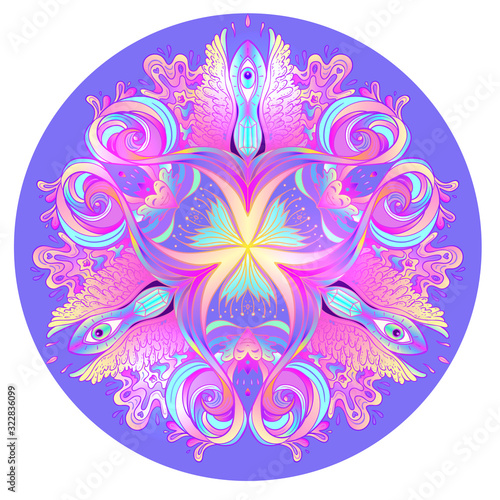 Psychedelic mandala. Mandala. Beautiful vintage round pattern. Vector illustration. Psychedelic neon composition. 
