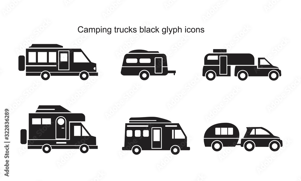 Camping trucks black glyph icon template black color editable. Camping ...