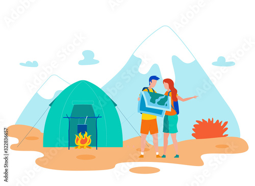 Hikers Checking Map Cartoon Vector Illustration. Couple Searching Location in Wilderness Area. Man and Woman with Backpacks Flat Characters. Tourists Campground in Mountains  Hiking Campsite
