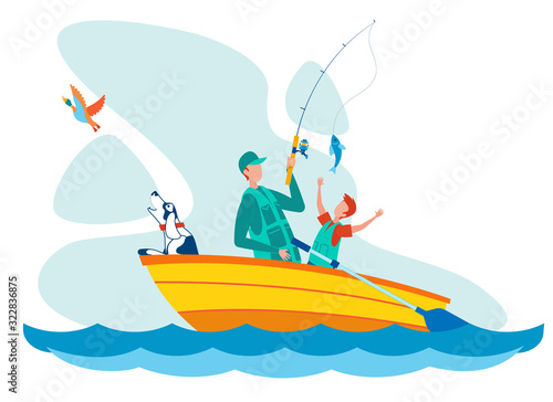 Father and Son Fishing Flat Vector Illustration. Dog, Man and Boy in Boat Cartoon Characters. Dad Holding Rod, Catching Fish, Angling. Young Fisherman Summer Holiday Vacation, Recreation