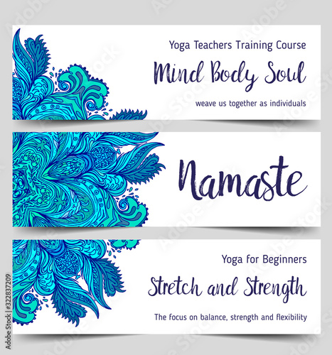 Stretch and Strength. Yoga card design. Colorful template for spiritual retreat or yoga studio. Ornamental business cards, oriental pattern. Vector illustration