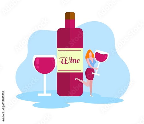Cheerful Woman with Glass Red Wine Bottle. Red Wine. Grow Organic Grapes. Produce Wine. Vector Illustration. Produced by Natural Product. Organic Production. Bottle and Glass Wine on White Background.