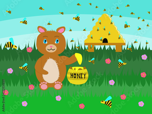 Brown teddy bear tastes delicious honey. Bee hive with the bees. The lawn full of flowers and blue sky. Illustrations. Vector