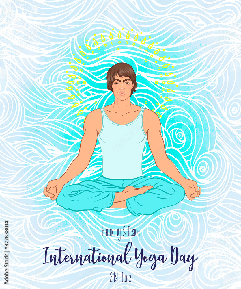 Yoga card design. Beautiful Caucasian Man sitting in Lotus position. Colorful template for spiritual retreat or yoga studio. Ornamental business cards, oriental pattern. Vector illustration.