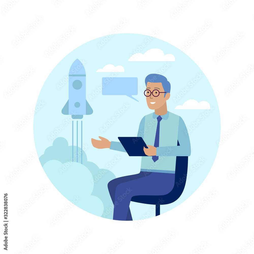 Cartoon Man Character Reports about New Business Startup Project. Male Developer Shows Takeoff Rocket or Spacecraft Controlled by Digital Gadget. Innovation Product on Market Vector Flat Illustration Cartoon Man Character Reports about New Business Startup Project. Male Developer Shows Takeoff Rocket or Spacecraft Controlled by Digital Gadget. Innovation Product on Market Vector Flat Illustration