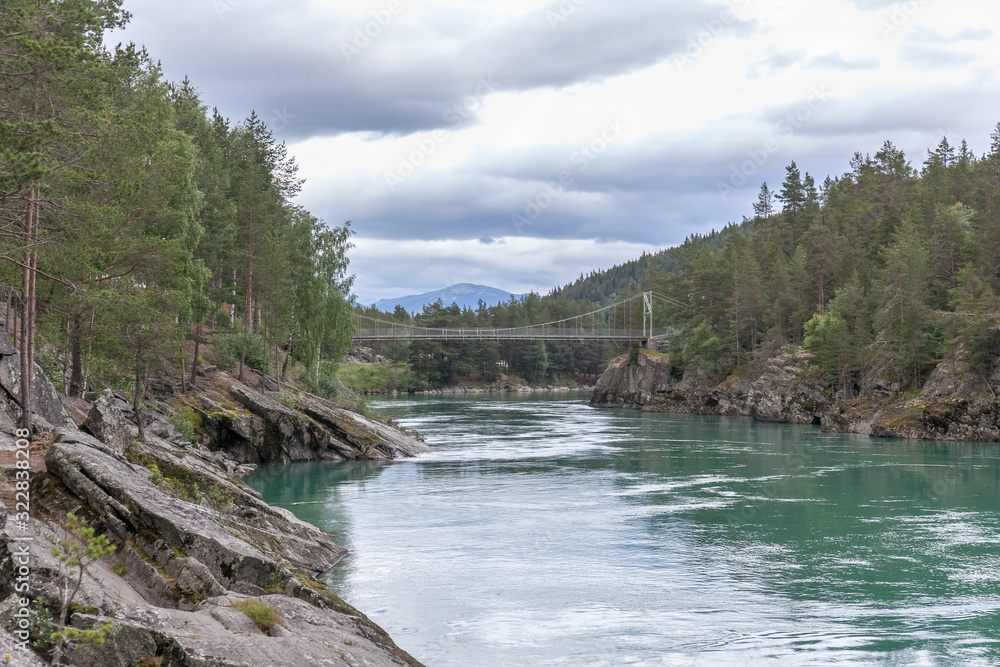 Amazing mountain river in Norway. landscape. Turquoise River. Fast flow mountain River in Norway