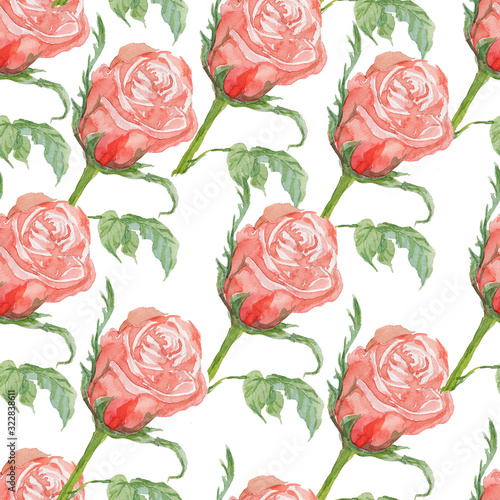 Seamless pattern. Roses, flowers, leaves, stems. Hand drawn watercolor illustration with roses. Red flowers in buds with leaves. Composition in a circle on a white background. Blooming, spring, summer © Paint_art