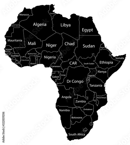 Map of the continent of Africa. Black silhouette on a white background with borders and country names. Equatorial Guinea and Gabon and Botswana and Algeria and South Africa and Egypt. Vector graphics.
