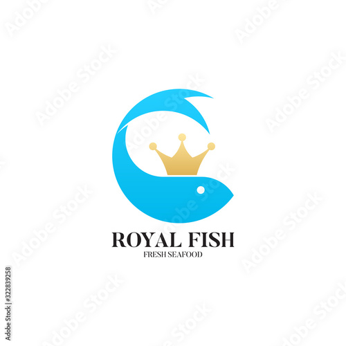 Royal fish logo template. Creative vector template of sea food symbol, fishing club logo or online shop icon. Icon of fish with gold crown. Vector illustration.