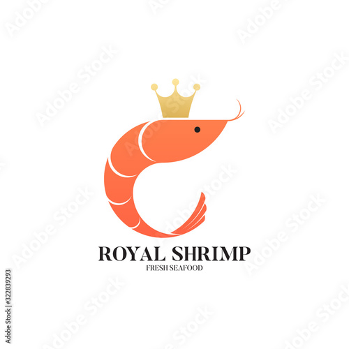 Royal shrimp logo template. Creative vector template of sea food symbol or restaurant logo. Icon of prawn with gold crown. Vector illustration.