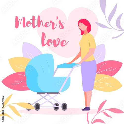 Mother Love Banner. Young Woman Walking with Baby Stroller Looking with Tenderness on Sleeping Newborn Child. Parenthood Lifestyle, Positive Emotions, Happy Family. Cartoon Flat Vector Illustration