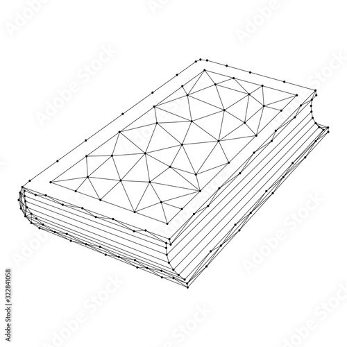 Book symbol of knowledge for literature fans from abstract futuristic polygonal black lines and dots. Vector illustration.