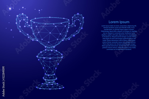 Winner's Cup, online reward from futuristic polygonal blue lines and glowing stars for banner, poster, greeting card. Vector illustration.