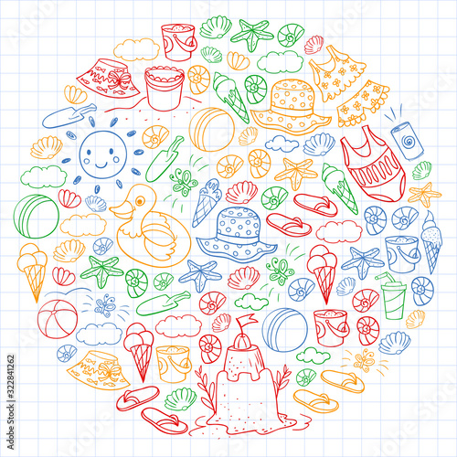 Vector set of beach icons for summer posters, banners. Sea, ocean vacations. Kids drawing style.