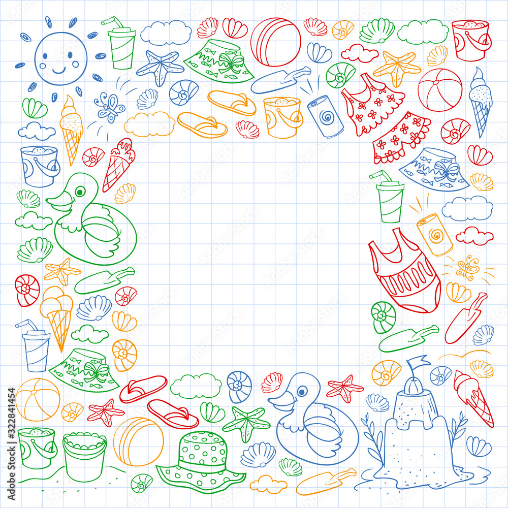 Vector set of beach icons for summer posters, banners. Sea, ocean vacations. Kids drawing style. Vector set of beach icons for summer posters, banners. Sea, ocean vacations. Kids drawing style.