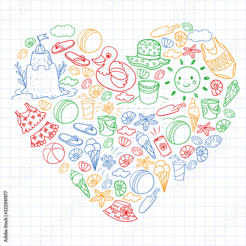 Vector set of beach icons for summer posters, banners. Sea, ocean vacations. Kids drawing style.
