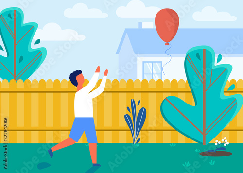 Child Playing on Private House Backyard with Balloon Cartoon Flat Vector Illustration. Green Garden with Plants such as Flowers, Bushes. Boy Character Spending Free Time with Joy. Catching.