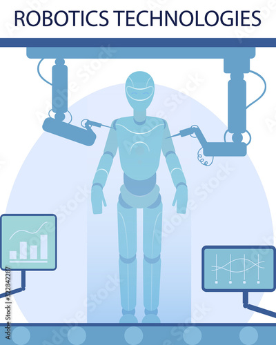 Robotic Technologies and Smart Industry Banner. Cartoon Arm Assembly AI Manipulator Constructing New Robot by Automatic System and Digital Hardware Control. Vector Flat Cartoon Illustration