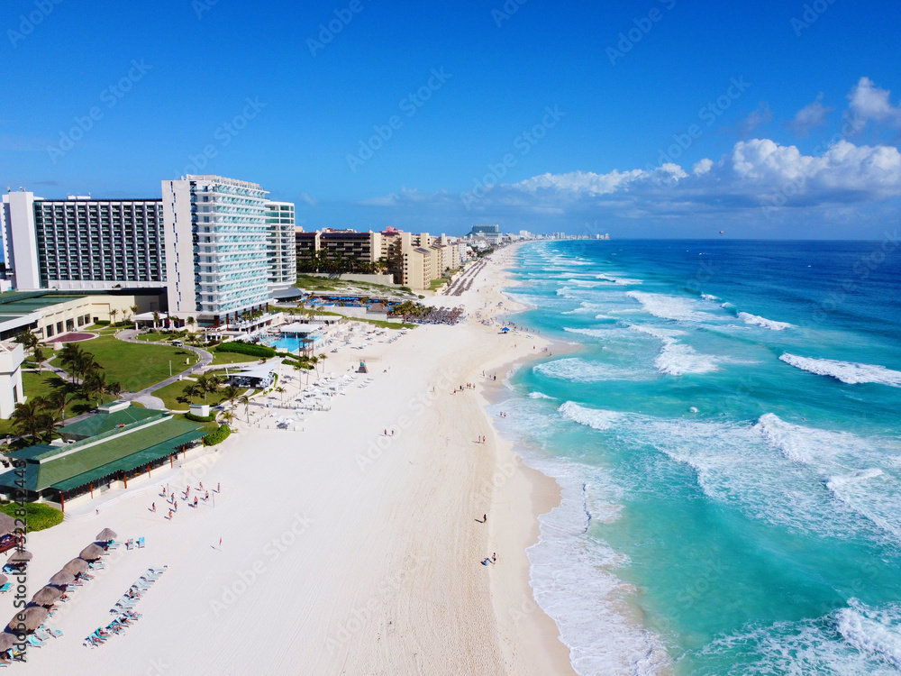 Cancun beach and hotel zone aerial view, Cancun, Quintana Roo QR, Mexico.