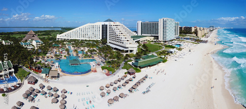 Cancun beach and Iberostar Selection Cancun Resort, Seadust Cancun Family Resort panorama aerial view, Cancun, Quintana Roo QR, Mexico. photo
