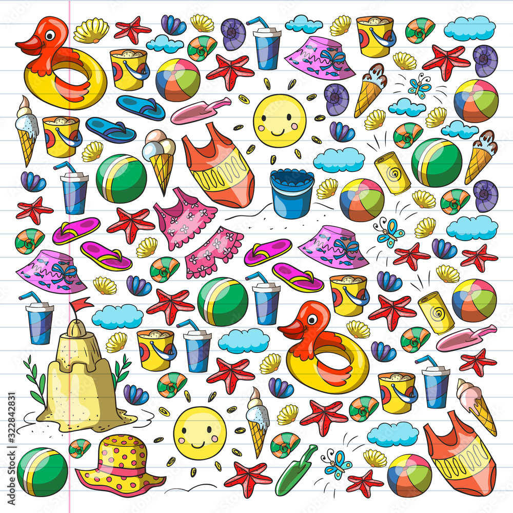 Vector set of beach icons for summer posters, banners. Sea, ocean vacations. Kids drawing style. Vector set of beach icons for summer posters, banners. Sea, ocean vacations. Kids drawing style.