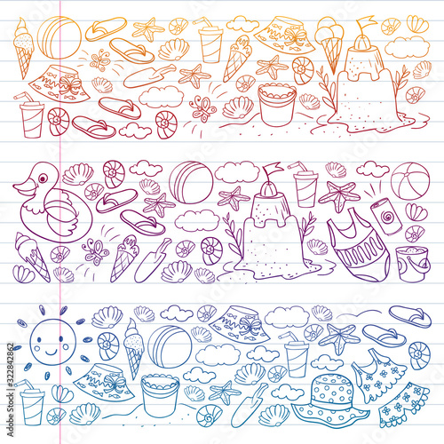 Vector set of beach icons for summer posters, banners. Sea, ocean vacations. Kids drawing style.