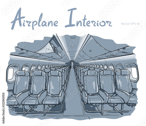Airplane interior hand drawn sketch vector illustration