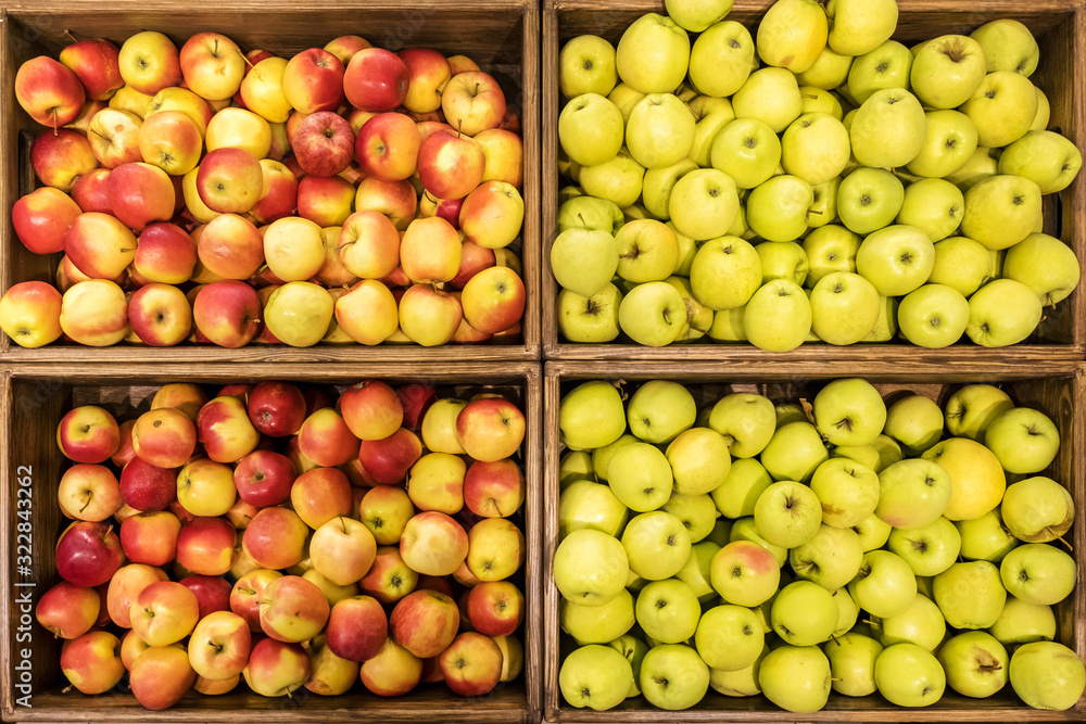 baskets with sweet red and yellow apples in the mall baskets with sweet red and yellow apples in the mall