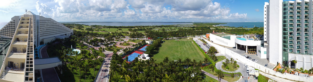 Cancun beach and hotel zone panorama aerial view, Cancun, Quintana Roo QR, Mexico. Cancun beach and hotel zone panorama aerial view, Cancun, Quintana Roo QR, Mexico.
