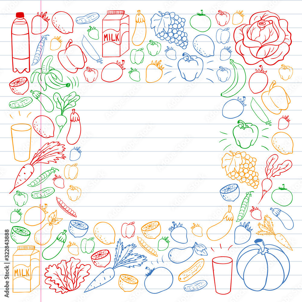 Vector pattern with healthy food. Fruits and vegetables. Milk, dairy products. Pattern for store, mall, menu, cafe, restaurants. Vector pattern with healthy food. Fruits and vegetables. Milk, dairy products. Pattern for store, mall, menu, cafe, restaurants.