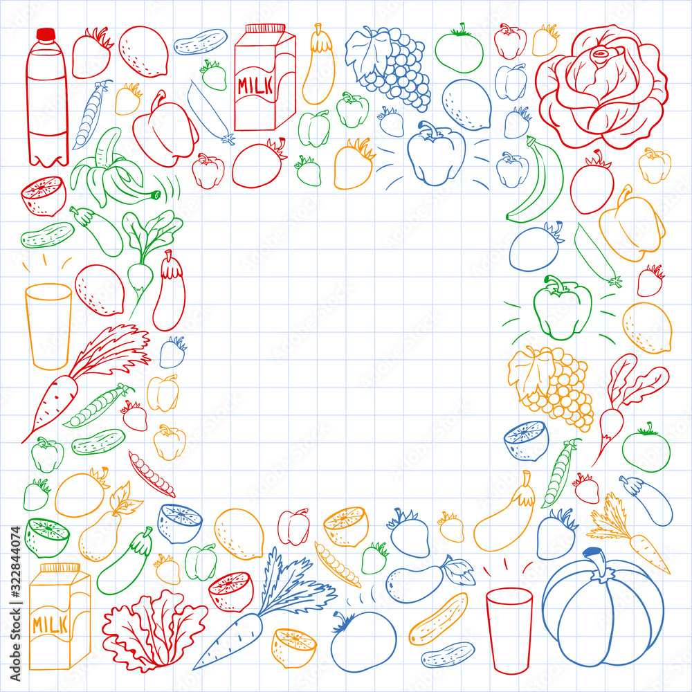 Vector pattern with healthy food. Fruits and vegetables. Milk, dairy products. Pattern for store, mall, menu, cafe, restaurants.