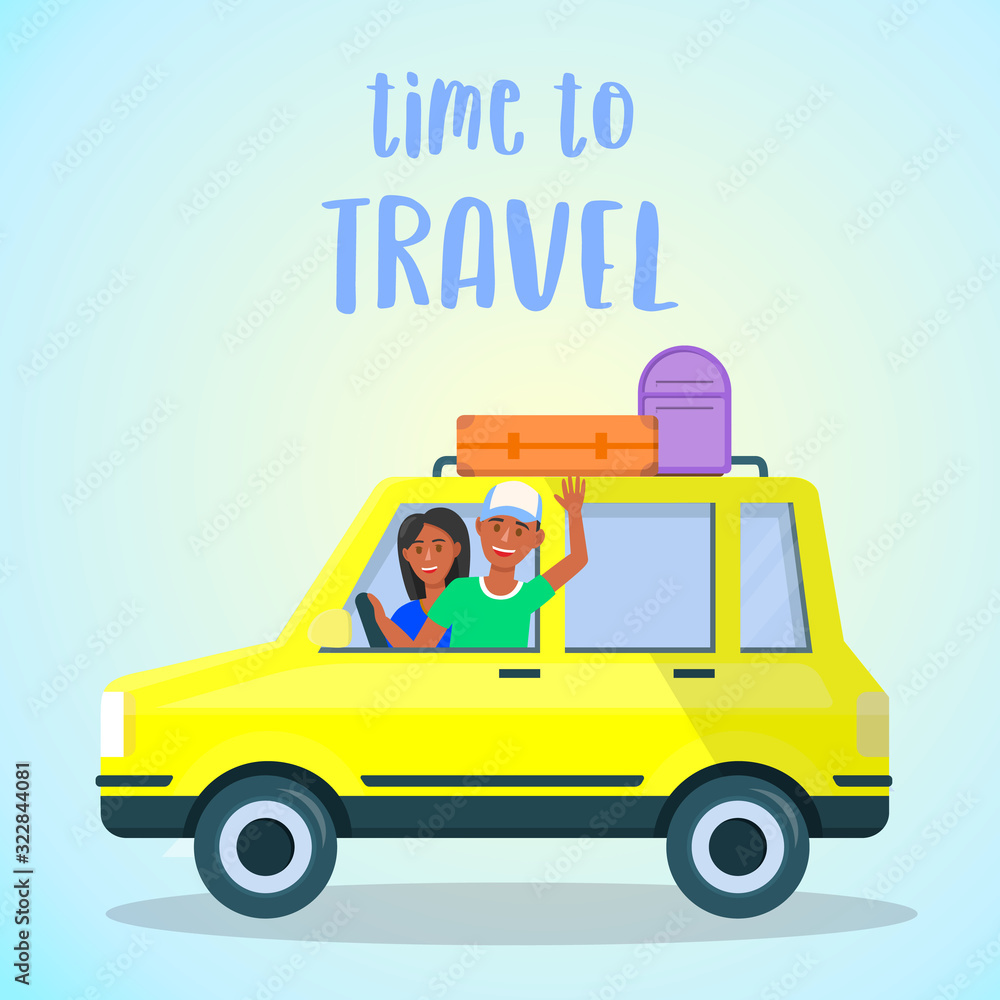 Time to Travel Square Banner. Happy Young Tanned Couple Traveling by Yellow Car with Trunk on Roof and Luggage Bags Isolated on Blue and White Gradient Background. Cartoon Flat Vector Illustration. Time to Travel Square Banner. Happy Young Tanned Couple Traveling by Yellow Car with Trunk on Roof and Luggage Bags Isolated on Blue and White Gradient Background. Cartoon Flat Vector Illustration.