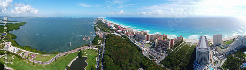 Cancun beach and hotel zone panorama aerial view, Cancun, Quintana Roo QR, Mexico. © Wangkun Jia