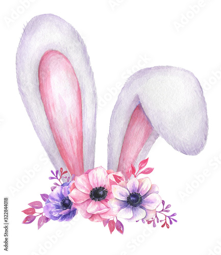 Easter watercolor illustration of rabbit ears with floral decoration.
