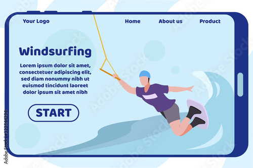 Windsurfing Design Flat Landing Page on Mobile Screen. Cartoon Man Character and Active, Extreme Marine Sport. Wakeboarding, Flyboarding Water Activities. Summer Vacation Hobby. Vector Illustration