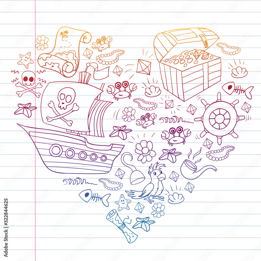 Fototapeta premium Vector set with pirate elements for birthday party for little children. Kids pattern with octopus, beach, treasure chest, ship