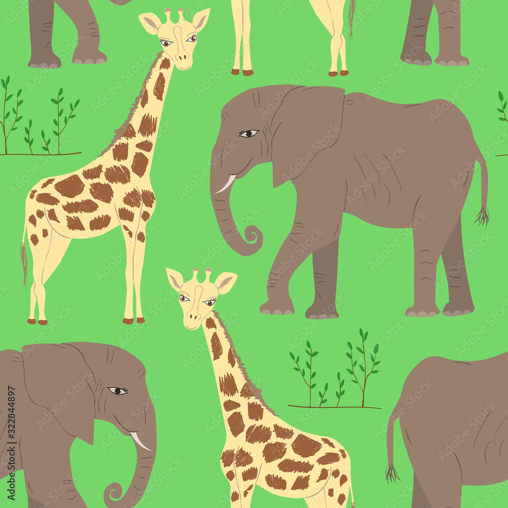 Obraz premium Seamless pattern of cartoon elephant and giraffe. Repeatable textile vector print, childish wallpaper design.