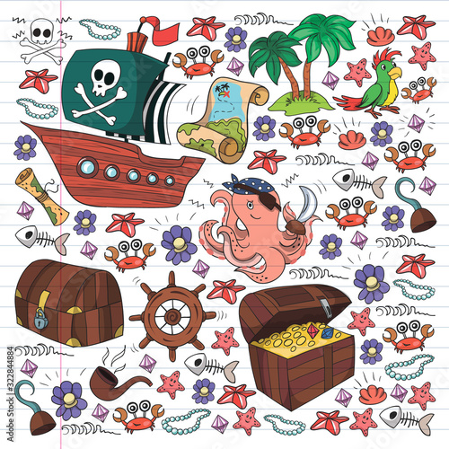 Vector set with pirate elements for birthday party for little children. Kids pattern with octopus, beach, treasure chest, ship
