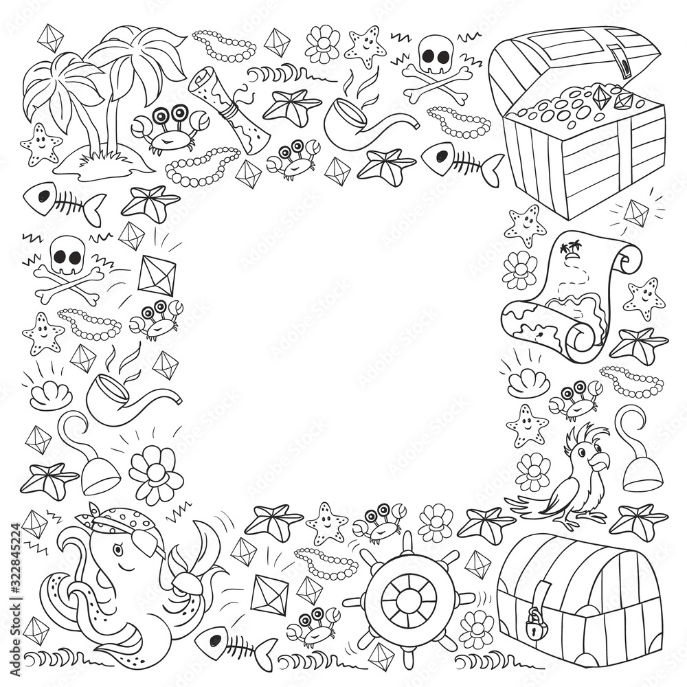 Vector set with pirate elements for birthday party for little children. Kids pattern with octopus, beach, treasure chest, ship Vector set with pirate elements for birthday party for little children. Kids pattern with octopus, beach, treasure chest, ship