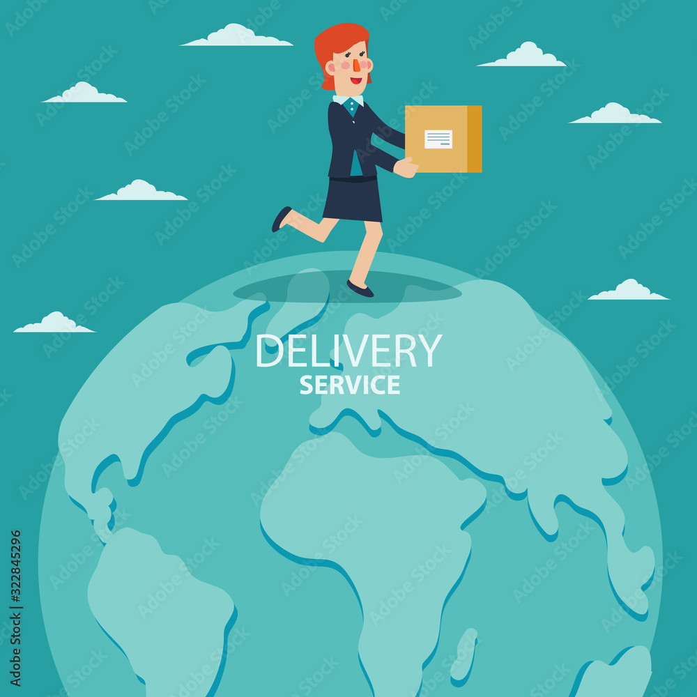 Young business woman running over the world map. Post letter, delivery service or e-mail vector concept Young business woman running over the world map. Post letter, delivery service or e-mail vector concept