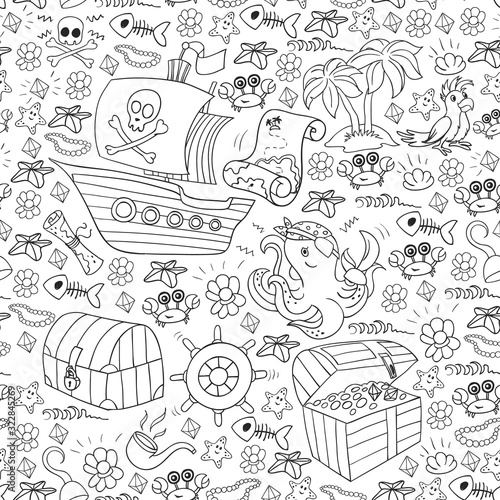 Vector set with pirate elements for birthday party for little children. Kids pattern with octopus, beach, treasure chest, ship