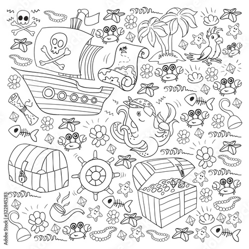 Vector set with pirate elements for birthday party for little children. Kids pattern with octopus, beach, treasure chest, ship