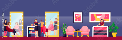 Girls cut their hair, styling at hairdresser stylist in beauty salon. Vector illustration. Female fashion beauty concept