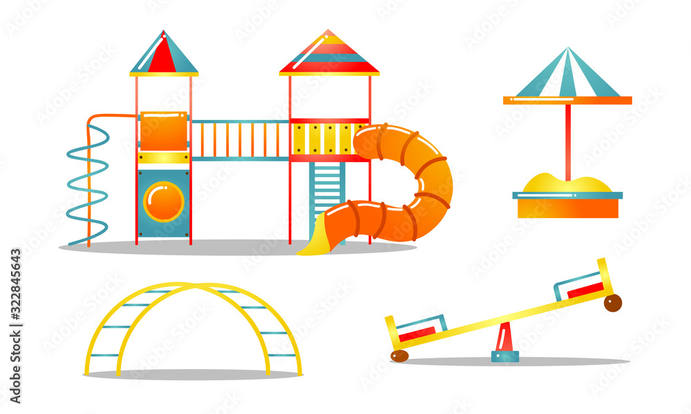 Set of various kid's playground equipment. Vector illustration in flat cartoon style.
