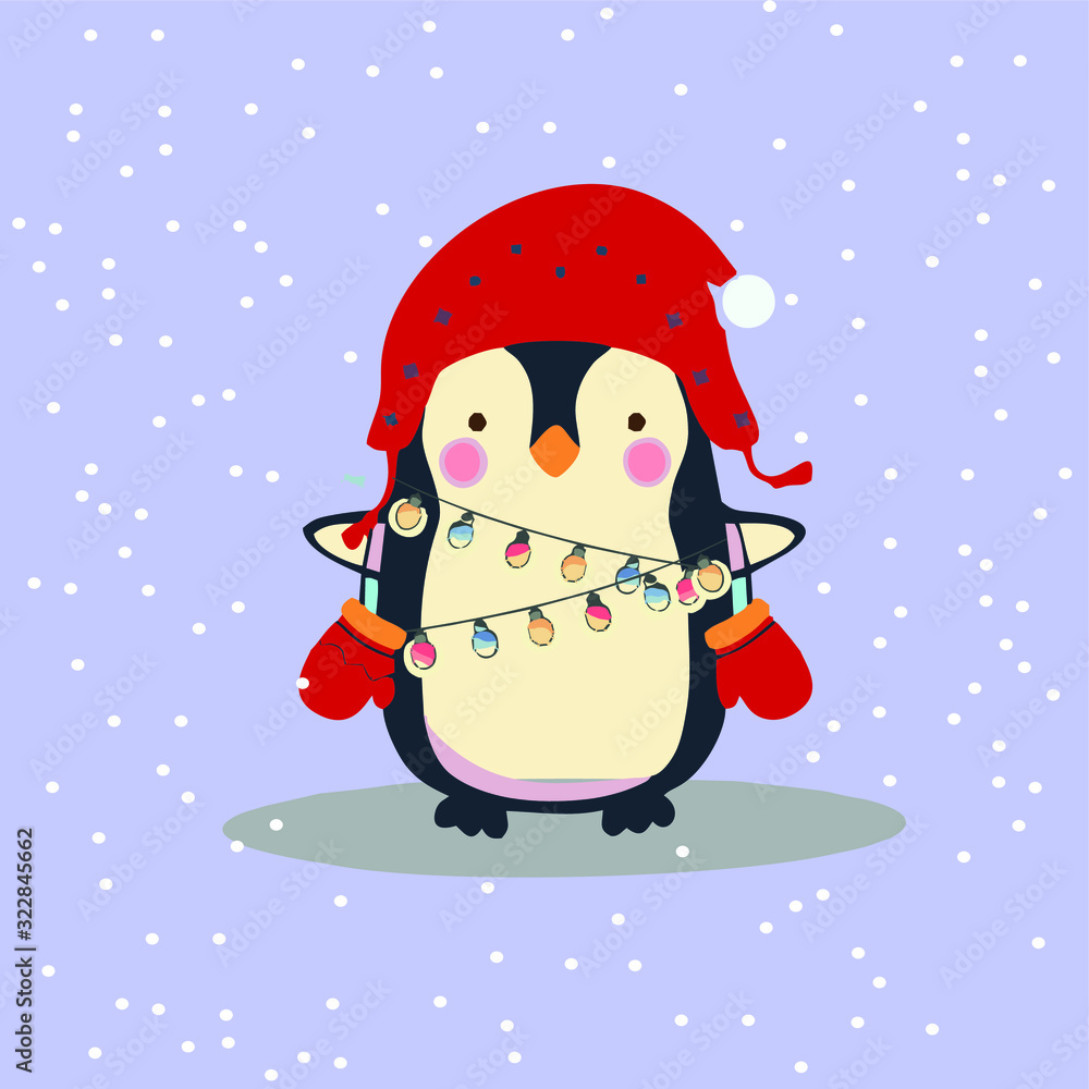 penguin with a garland on a blue background  