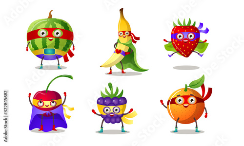 Set of superhero humanized characters fruits and berries in masks and capes. Vector illustration in flat cartoon style.