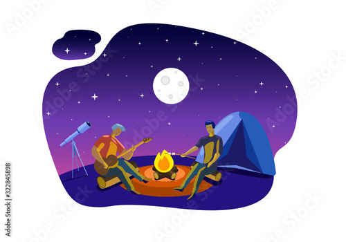 Camping under Open Night Sky Cartoon. Astronomy Science Hobby Illustration. Two Men Rest on Nature Sitting around Bonfire, Playing Guitar, Preparing Marshmallow on Fire Flat Vector. Holiday Vacation